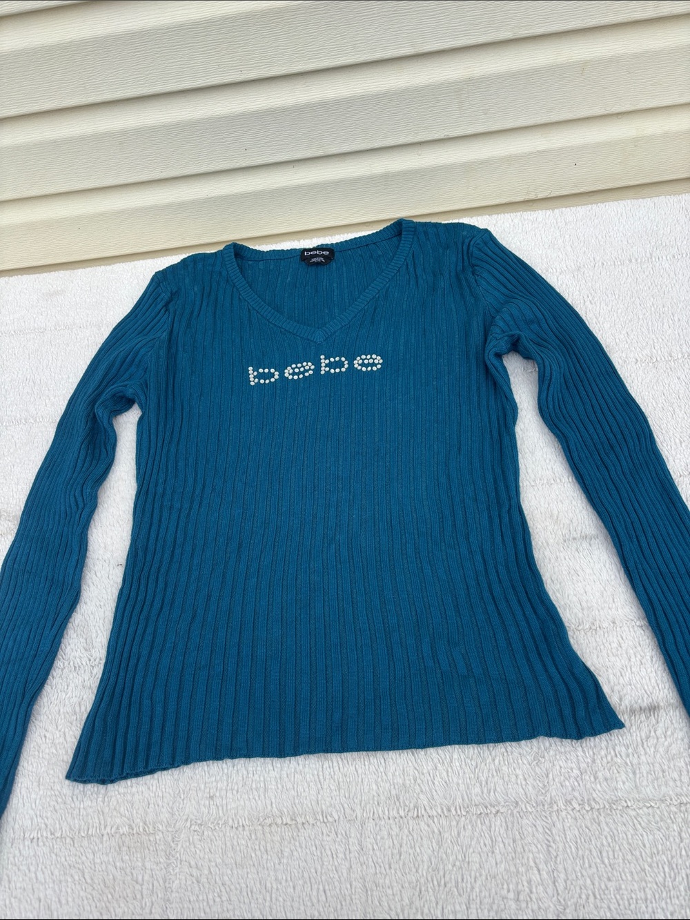 bebe Teal Ribbed V-Neck Long Sleeve Top with Crystal Logo